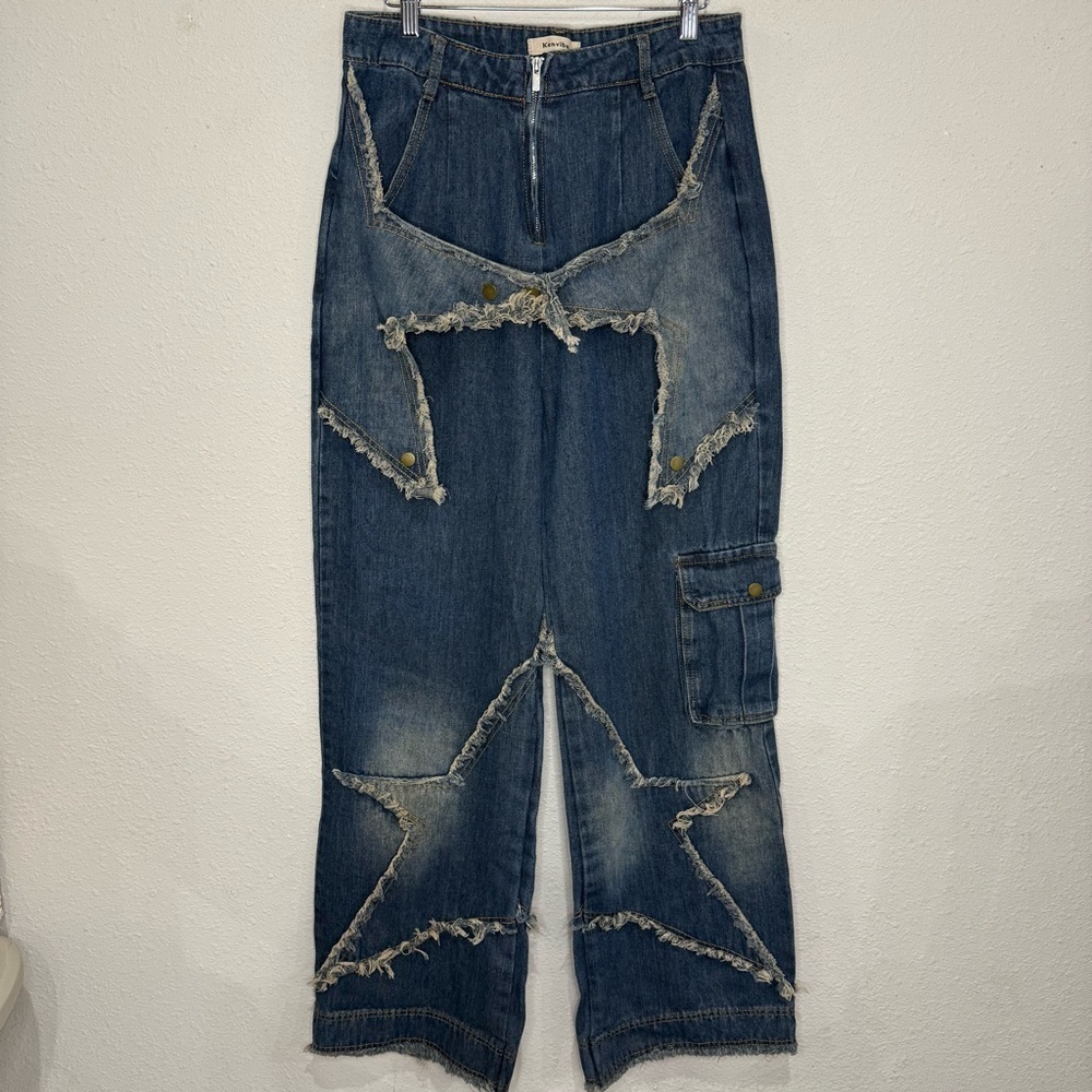 Kenvibe Star Patch Jeans Distressed Wide Leg Cargo Y2K Grunge Women’s Size Large